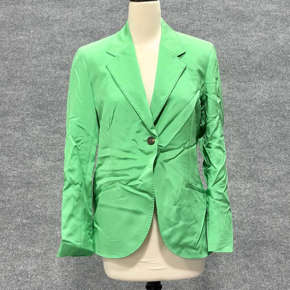 Lafayette 148 New York Blazer Womens 8 44 Green Satin Silk One Button Jacket